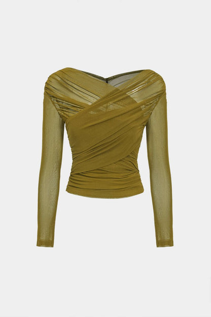 Solid Sheer Mesh Ruched Long - Sleeve Top - MISMIMCWTL2409230093-OLIVE-XS
