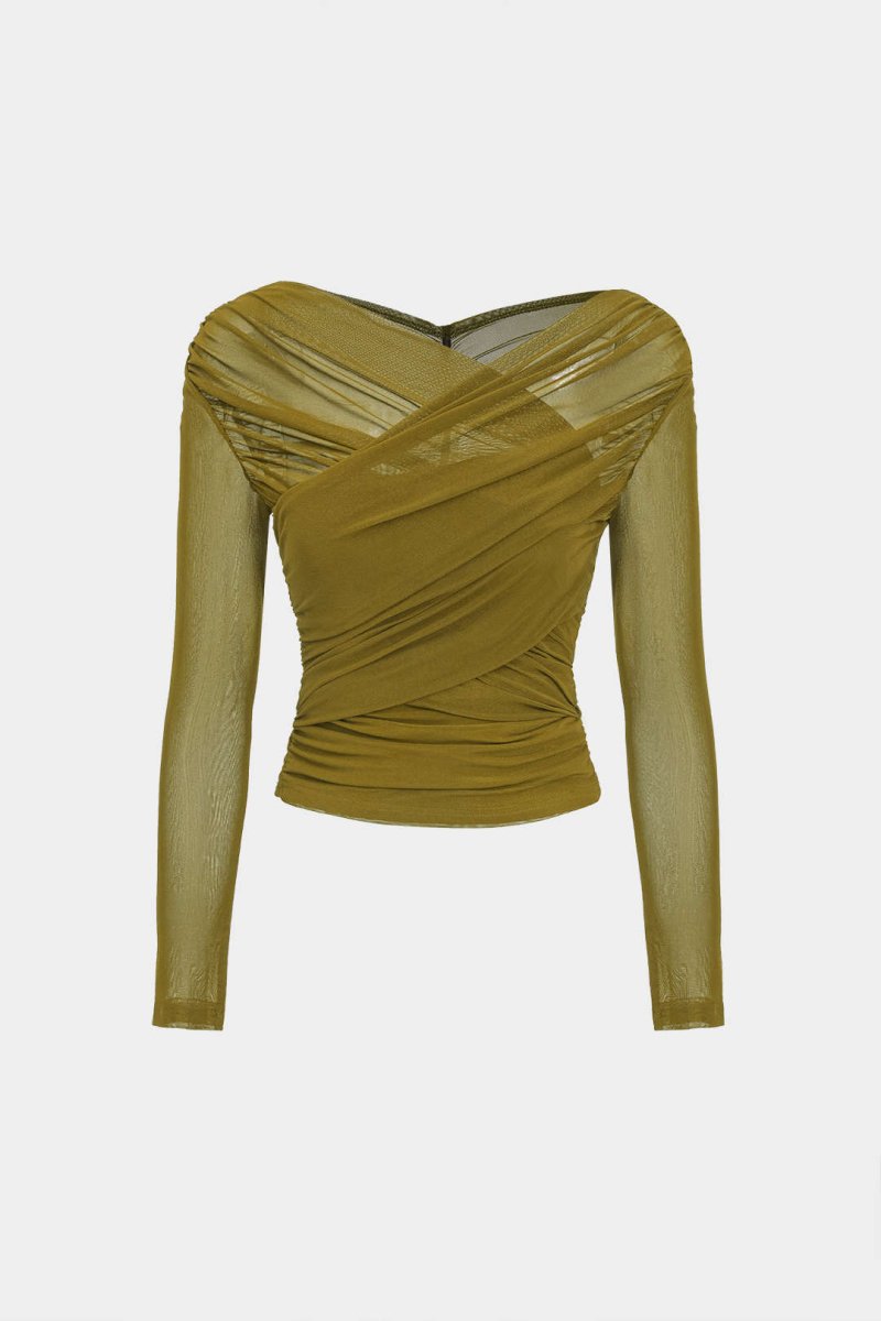 Solid Sheer Mesh Ruched Long - Sleeve Top - MISMIMCWTL2409230093-OLIVE-XS