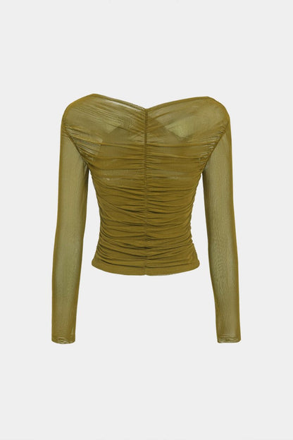 Solid Sheer Mesh Ruched Long - Sleeve Top - MISMIMCWTL2409230093-OLIVE-XS