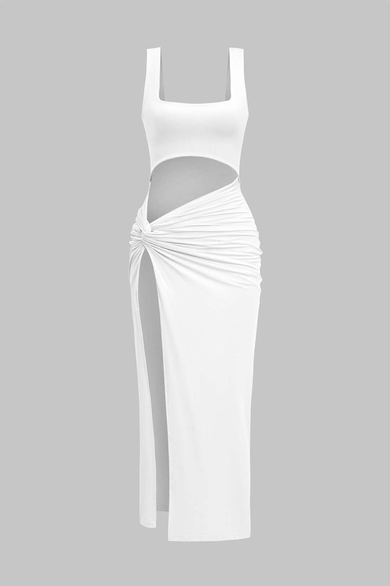 Solid Twist Front Cut Out Slit Midi Dress - MISMIMCWSB2407230104-WHITE-XS