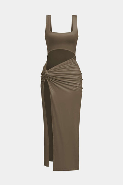 Solid Twist Front Cut Out Slit Midi Dress - MISMIMCWSB2407230104-BROWN-XS