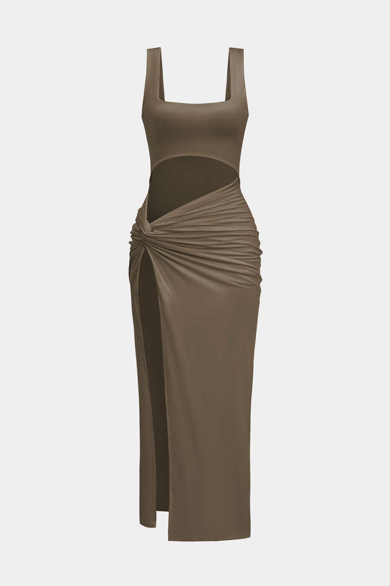 Solid Twist Front Cut Out Slit Midi Dress - MISMIMCWSB2407230104-BROWN-XS