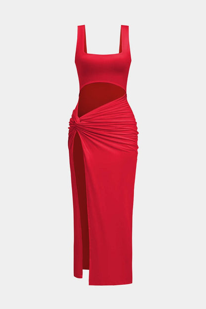 Solid Twist Front Cut Out Slit Midi Dress - MISMIMCWSB2407230104-RED-XS