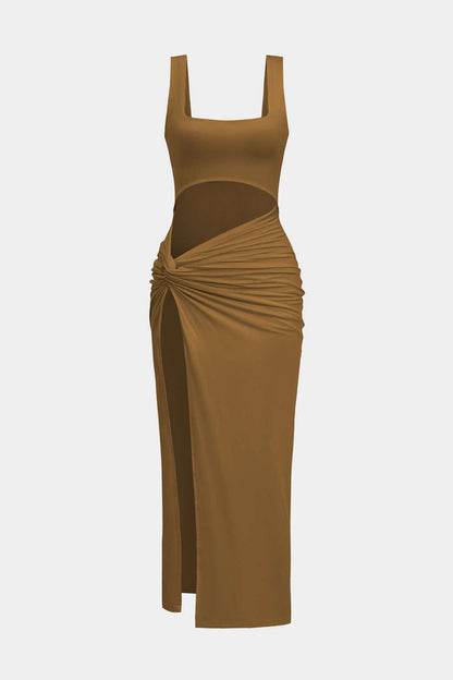 Solid Twist Front Cut Out Slit Midi Dress - MISMIMCWSB2407230104-COFFEE-XS