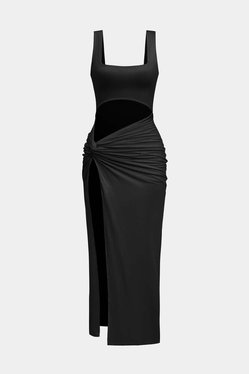 Solid Twist Front Cut Out Slit Midi Dress - MISMIMCWSB2407230104-BLACK-XS