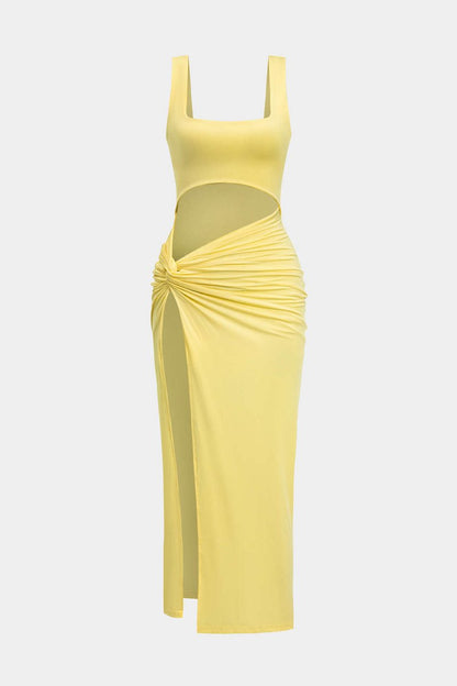 Solid Twist Front Cut Out Slit Midi Dress - MISMIMCWSB2407230104-CREAM YELLOW-XS