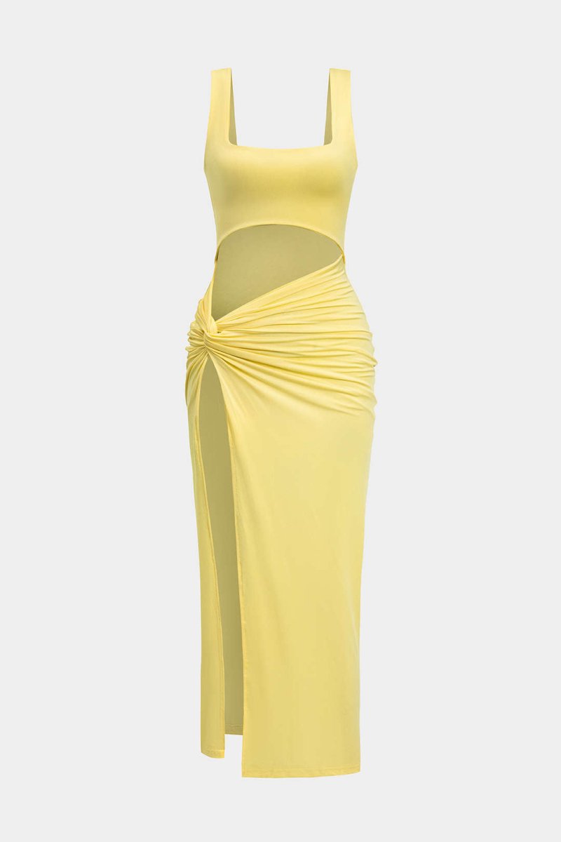 Solid Twist Front Cut Out Slit Midi Dress - MISMIMCWSB2407230104-CREAM YELLOW-XS
