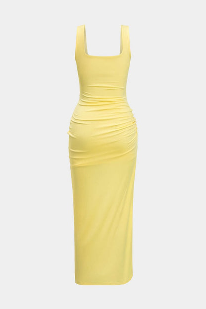 Solid Twist Front Cut Out Slit Midi Dress - MISMIMCWSB2407230104-CREAM YELLOW-XS