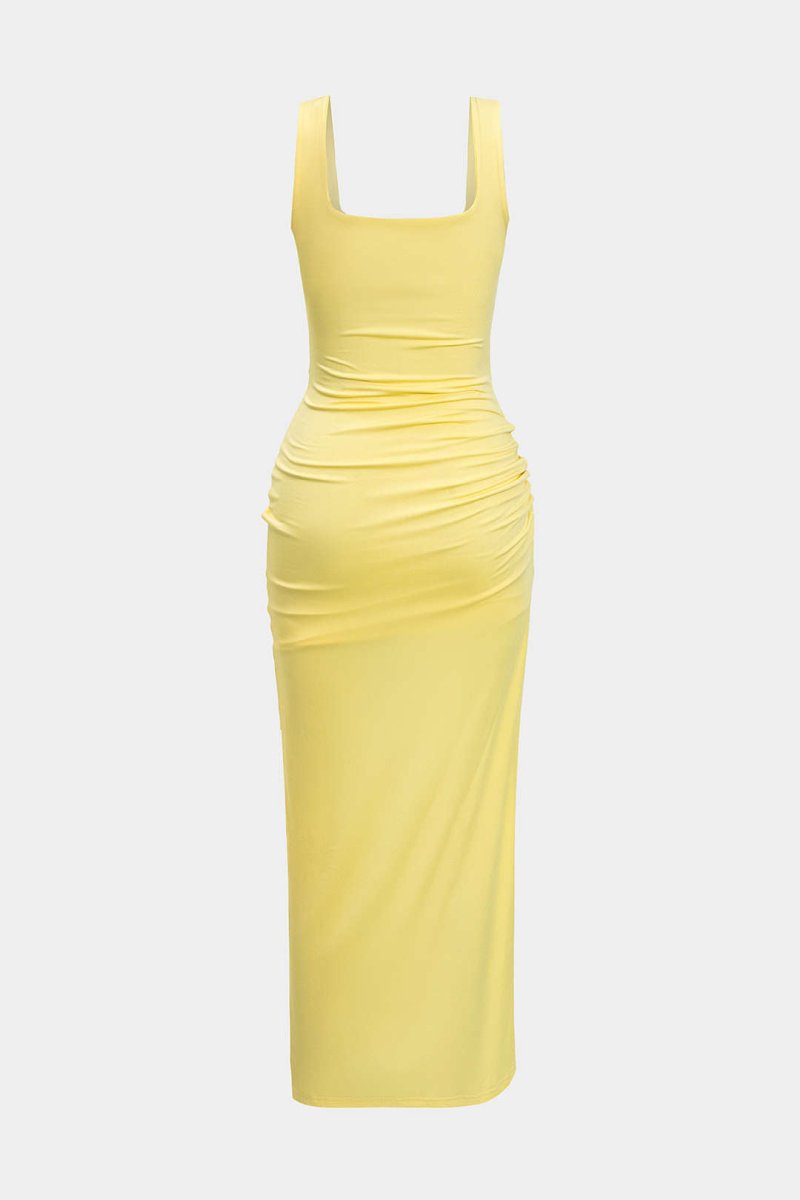 Solid Twist Front Cut Out Slit Midi Dress - MISMIMCWSB2407230104-CREAM YELLOW-XS