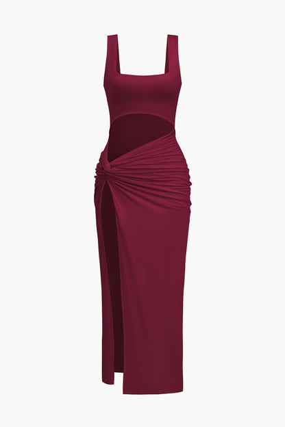 Solid Twist Front Cut Out Slit Midi Dress - MISMIMCWSB2407230104-BURGUNDY-XS