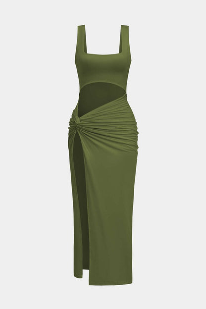 Solid Twist Front Cut Out Slit Midi Dress - MISMIMCWSB2407230104-OLIVE-XS