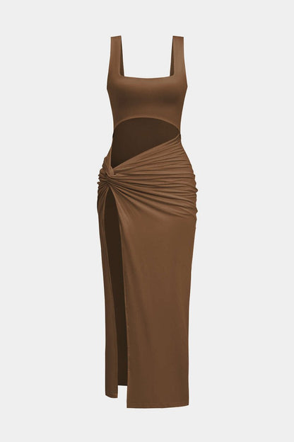 Solid Twist Front Cut Out Slit Midi Dress - MISMIMCWSB2407230104-COFFEE-XS