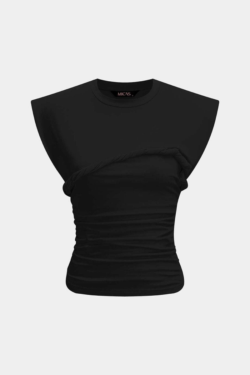 Solid Twist Round Neck T-Shirt - MISMIMCWTS2502140014-BLACK-XS