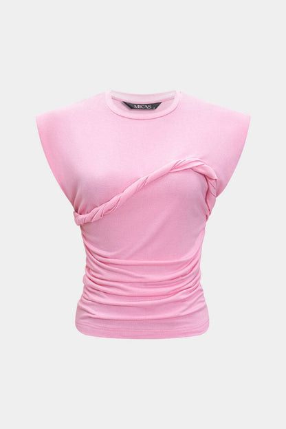 Solid Twist Round Neck T-Shirt - MISMIMCWTS2502140014-PINK-XXS