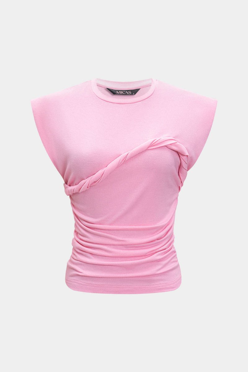 Solid Twist Round Neck T-Shirt - MISMIMCWTS2502140014-PINK-XXS