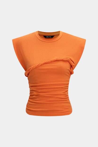 Solid Twist Round Neck T-Shirt - MISMIMCWTS2502140014-ORANGE-XXS