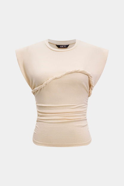Solid Twist Round Neck T-Shirt - MISMIMCWTS2502140014-BEIGE-XXS