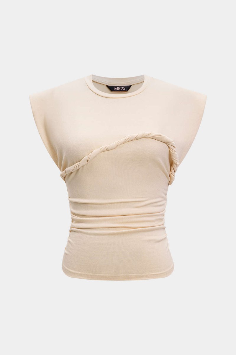 Solid Twist Round Neck T-Shirt - MISMIMCWTS2502140014-BEIGE-XXS