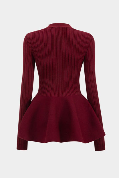 Solid V - neck Puff Hem Sweater Cardigan - MISMIMCWKN2410180042-BURGUNDY-S