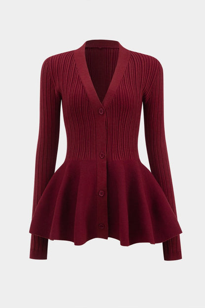 Solid V - neck Puff Hem Sweater Cardigan - MISMIMCWKN2410180042-BURGUNDY-S
