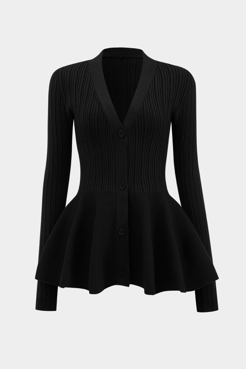 Solid V - neck Puff Hem Sweater Cardigan - MISMIMCWKN2410180042-BLACK-S