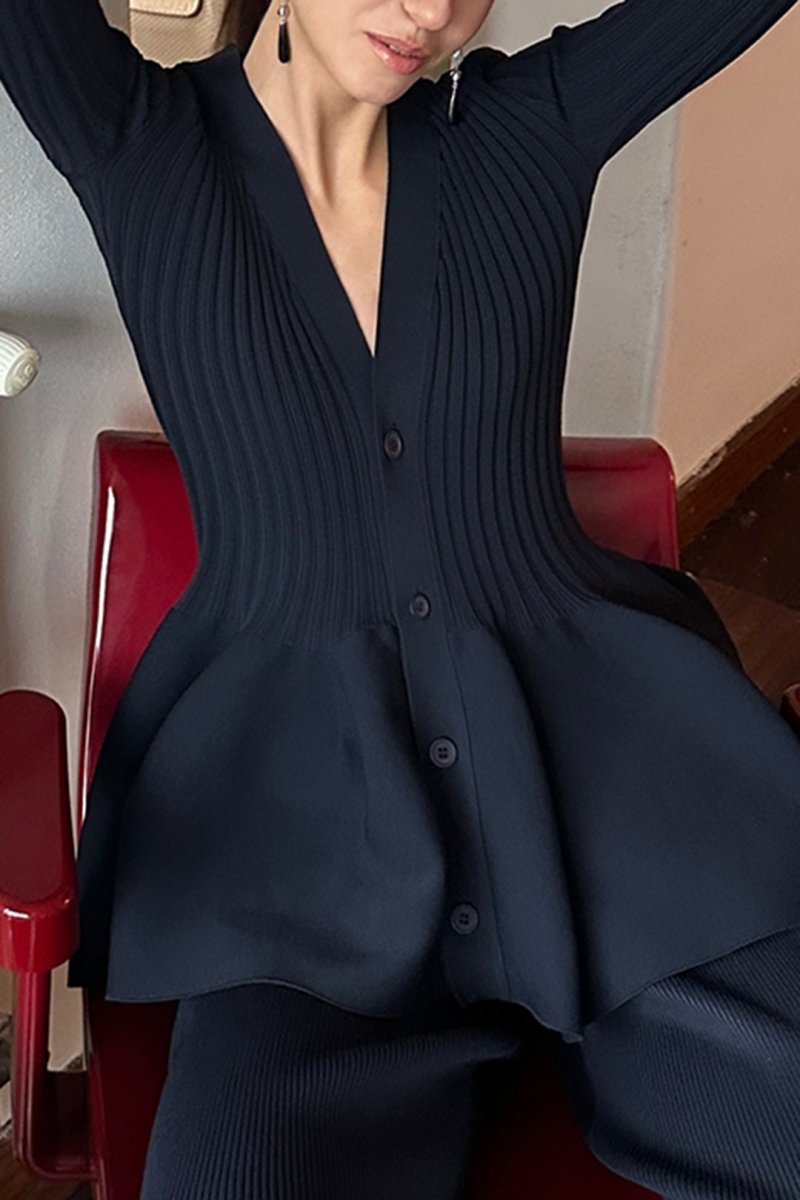 Solid V - neck Puff Hem Sweater Cardigan - MISMIMCWKN2410180042-DARK BLUE-S