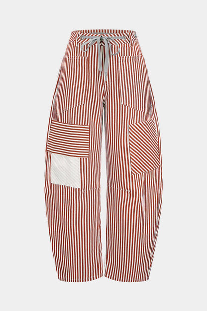 Stripe Print Pocket Drawstring Barrel Trousers - MISMIMCWBT2507030059-RED-XS