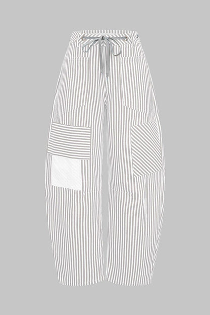Stripe Print Pocket Drawstring Barrel Trousers - MISMIMCWBT2507030059-GRAY-XS