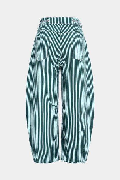 Stripe Print Pocket Drawstring Barrel Trousers - MISMIMCWBT2507030059-GREEN-XS