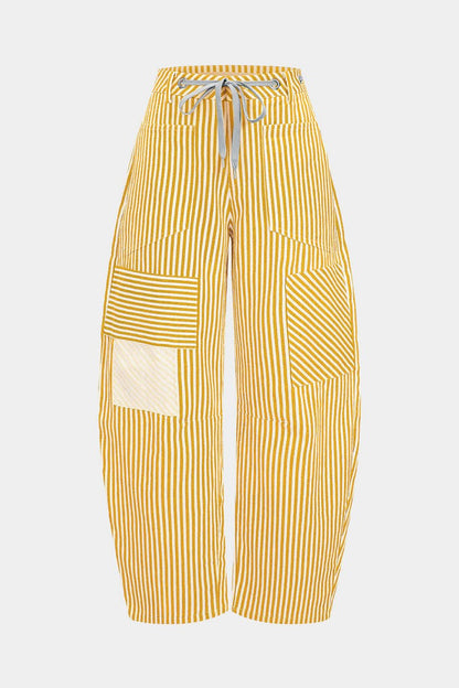 Stripe Print Pocket Drawstring Barrel Trousers - MISMIMCWBT2507030059-YELLOW-XS