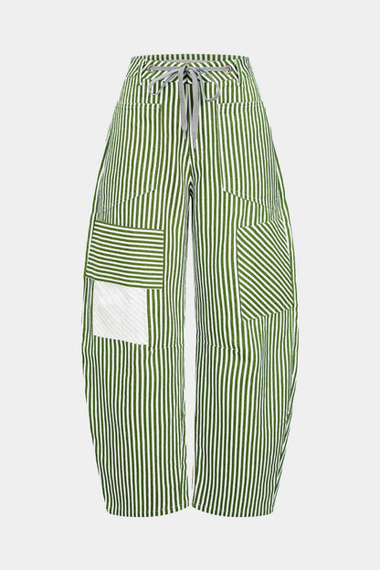 Stripe Print Pocket Drawstring Barrel Trousers - MISMIMCWBT2507030059-SAGE-XS