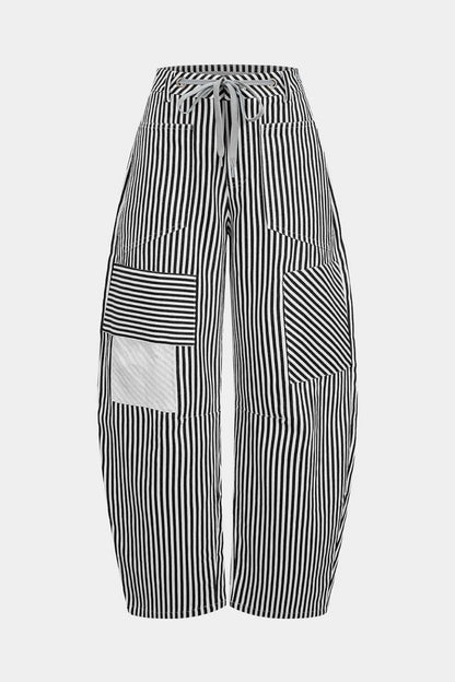 Stripe Print Pocket Drawstring Barrel Trousers - MISMIMCWBT2507030059-BLACK-XS
