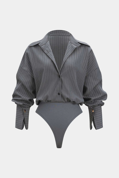 Stripes Print Button Long Sleeve Bodysuit - MISMIMCWTO2509190004-DARK GRAY-XS