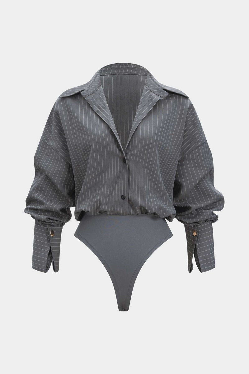 Stripes Print Button Long Sleeve Bodysuit - MISMIMCWTO2509190004-DARK GRAY-XS