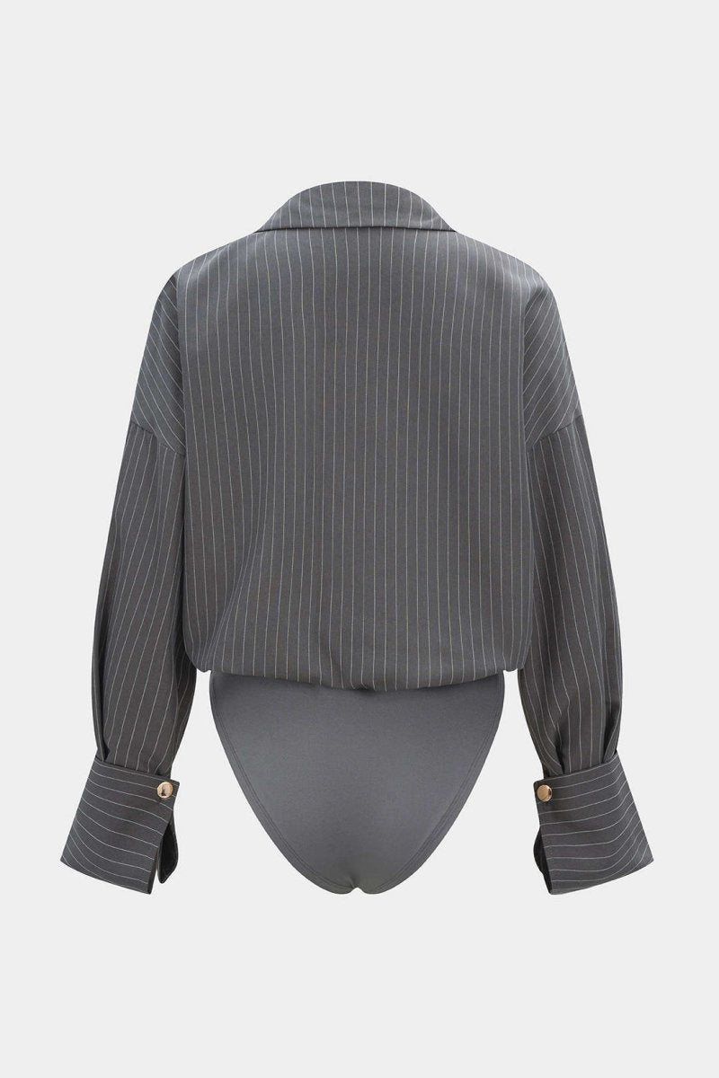 Stripes Print Button Long Sleeve Bodysuit - MISMIMCWTO2509190004-DARK GRAY-XS