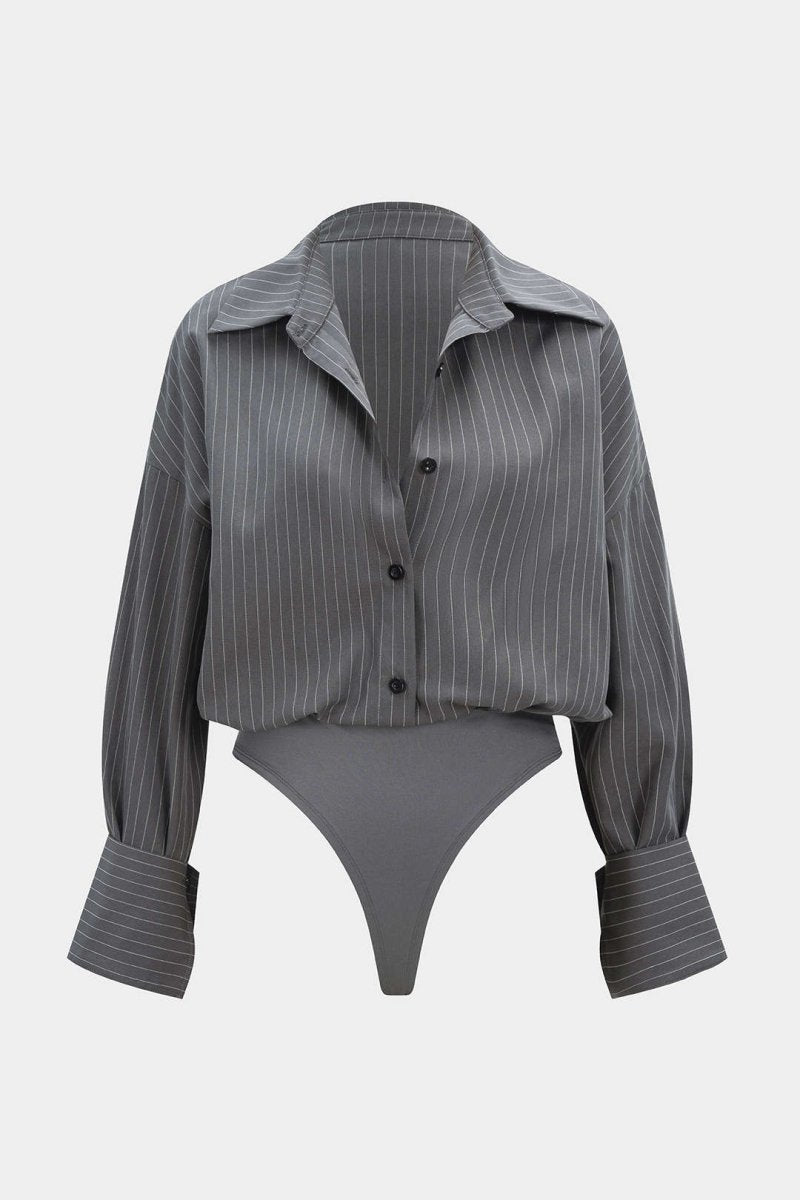Stripes Print Button Long Sleeve Bodysuit - MISMIMCWTO2509190004-DARK GRAY-XS