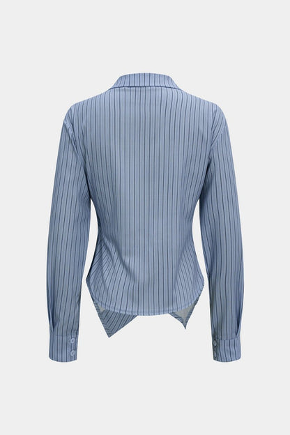Stripes Print V - Neck Ruched Long - Sleeve Shirt - MISMIMCWTE2509050030-BLUE-XS