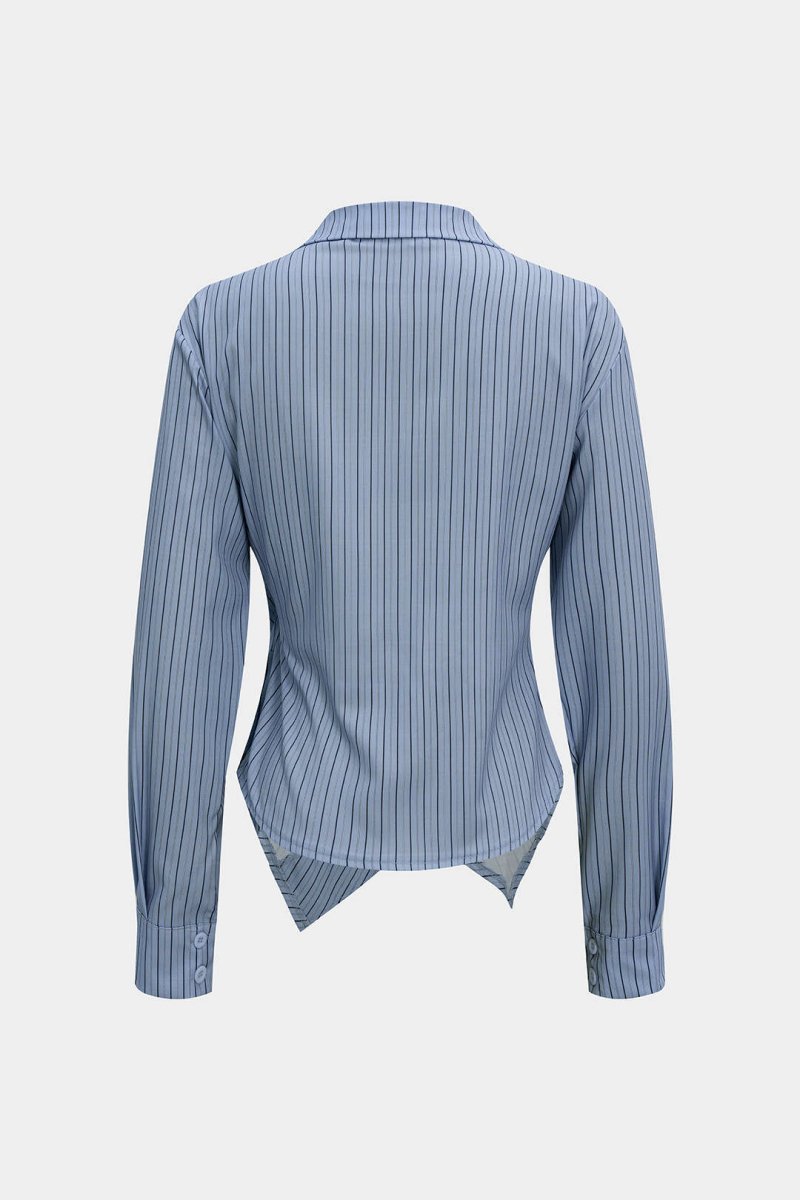 Stripes Print V - Neck Ruched Long - Sleeve Shirt - MISMIMCWTE2509050030-BLUE-XS