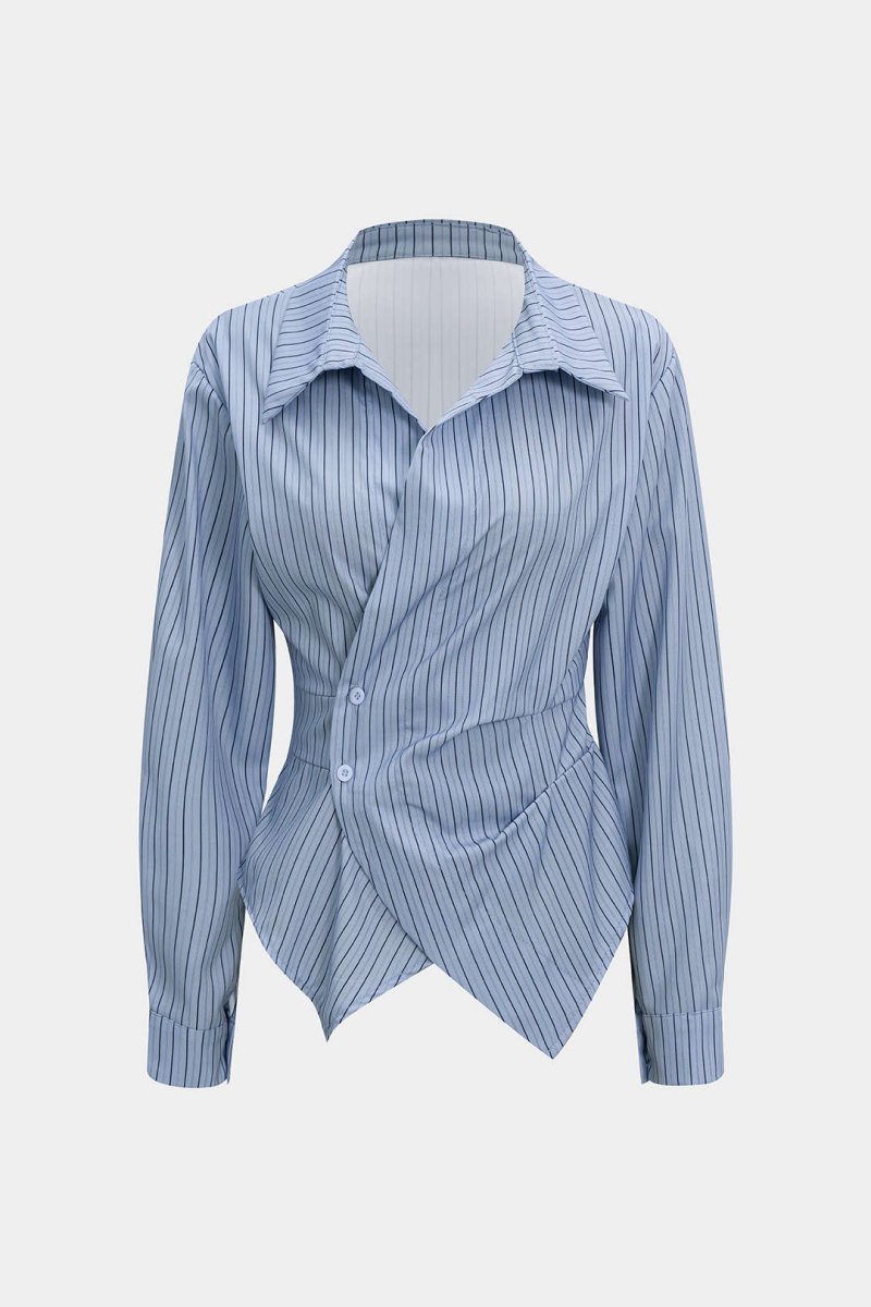 Stripes Print V - Neck Ruched Long - Sleeve Shirt - MISMIMCWTE2509050030-BLUE-XS