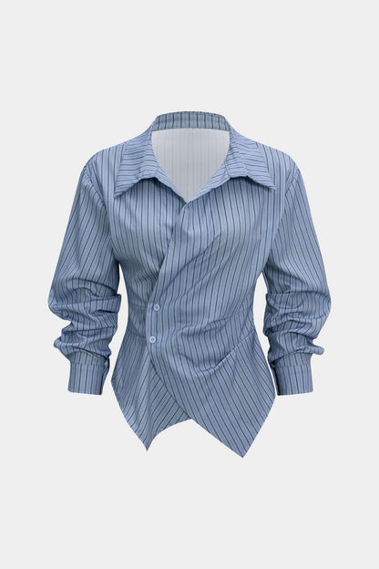 Stripes Print V - Neck Ruched Long - Sleeve Shirt - MISMIMCWTE2509050030-BLUE-XS