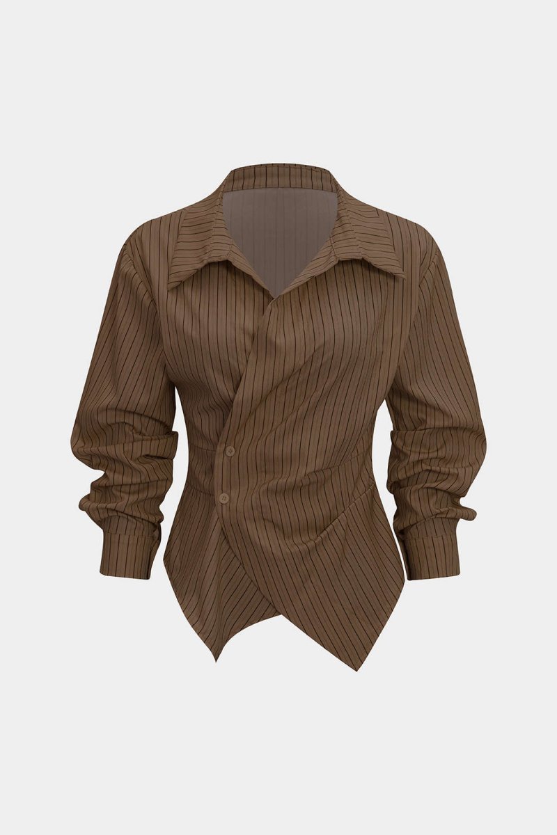 Stripes Print V - Neck Ruched Long - Sleeve Shirt - MISMIMCWTE2509050030-BROWN-XS