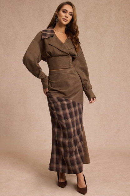 Suede Patchwork Notched Lapel Long - Sleeve Top - MISMIMCWOJ2509190040-BROWN-XS