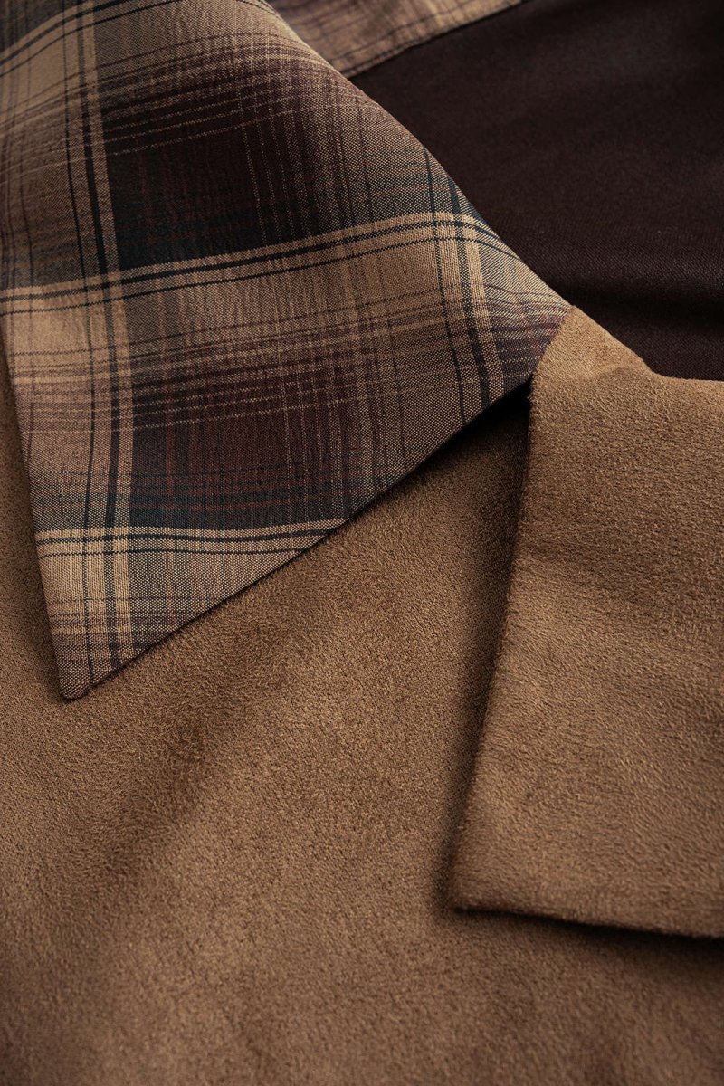 Suede Patchwork Notched Lapel Long - Sleeve Top - MISMIMCWOJ2509190040-BROWN-XS