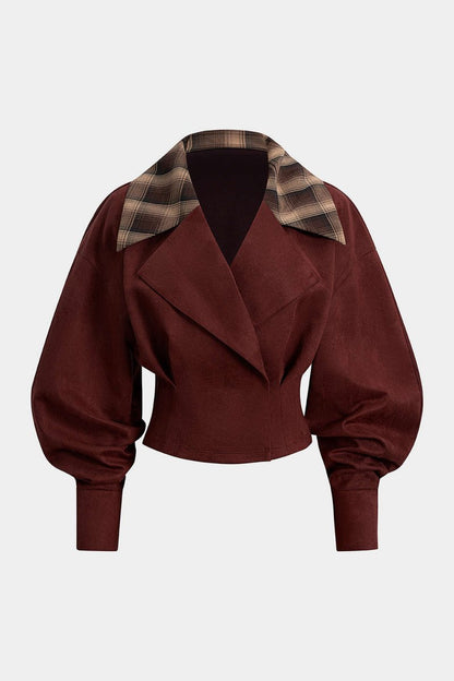 Suede Patchwork Notched Lapel Long - Sleeve Top - MISMIMCWOJ2509190040-BURGUNDY-XS