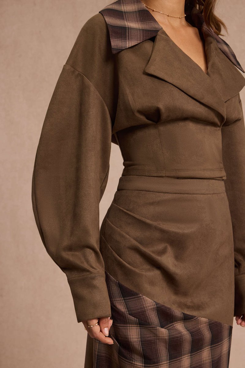 Suede Patchwork Notched Lapel Long - Sleeve Top - MISMIMCWOJ2509190040-BROWN-XS