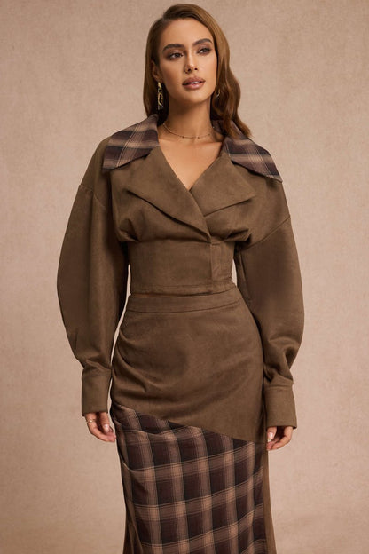 Suede Patchwork Notched Lapel Long - Sleeve Top - MISMIMCWOJ2509190040-BROWN-XS