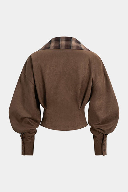 Suede Patchwork Notched Lapel Long - Sleeve Top - MISMIMCWOJ2509190040-BROWN-XS