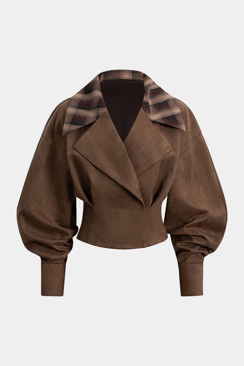 Suede Patchwork Notched Lapel Long - Sleeve Top - MISMIMCWOJ2509190040-BROWN-XS