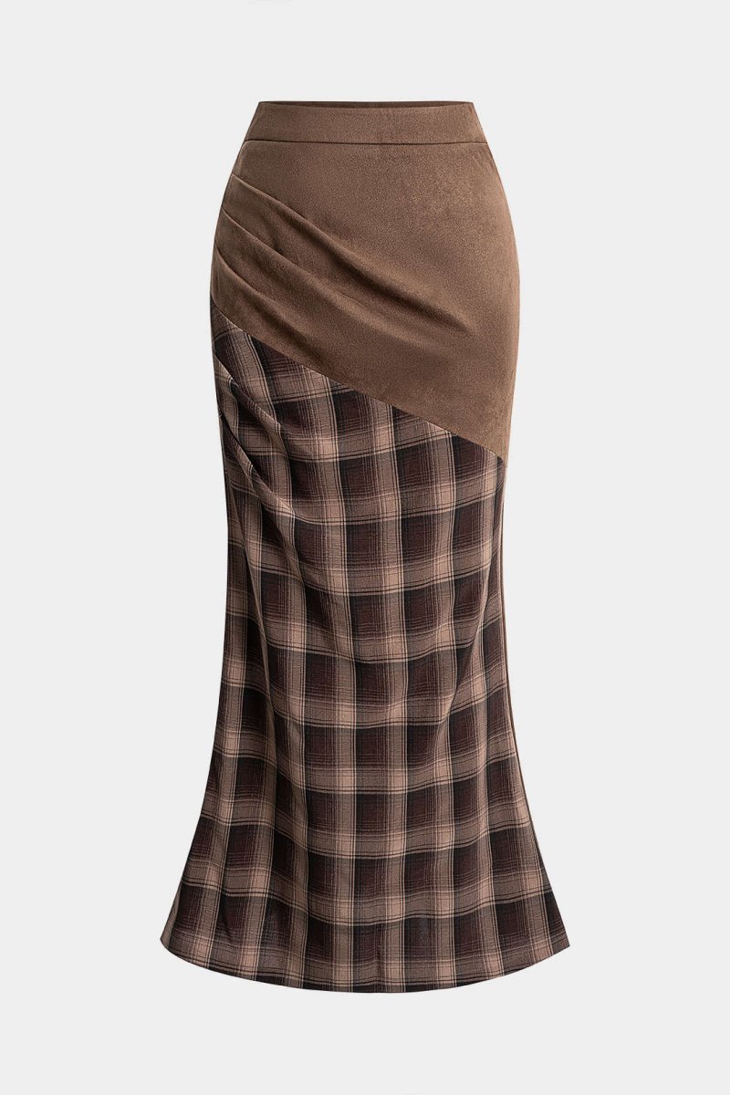 Suede Patchwork Plaid Print High Waist Skirt - MISMIMCWBK2509190038-BROWN-XS