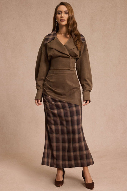 Suede Patchwork Plaid Print High Waist Skirt - MISMIMCWBK2509190038-BROWN-XS